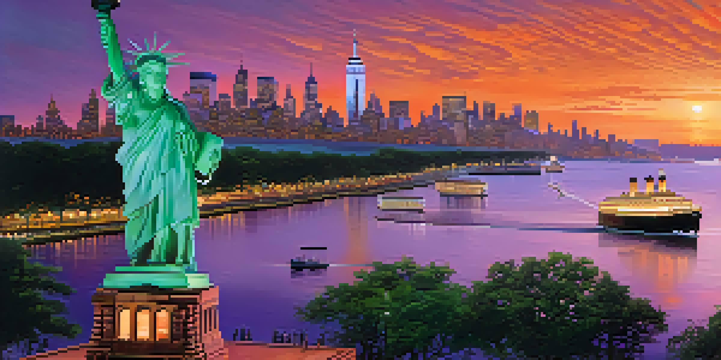 A panoramic view of the Statue of Liberty at sunset, surrounded by a vibrant sky and a bustling New York skyline, with people in a park.