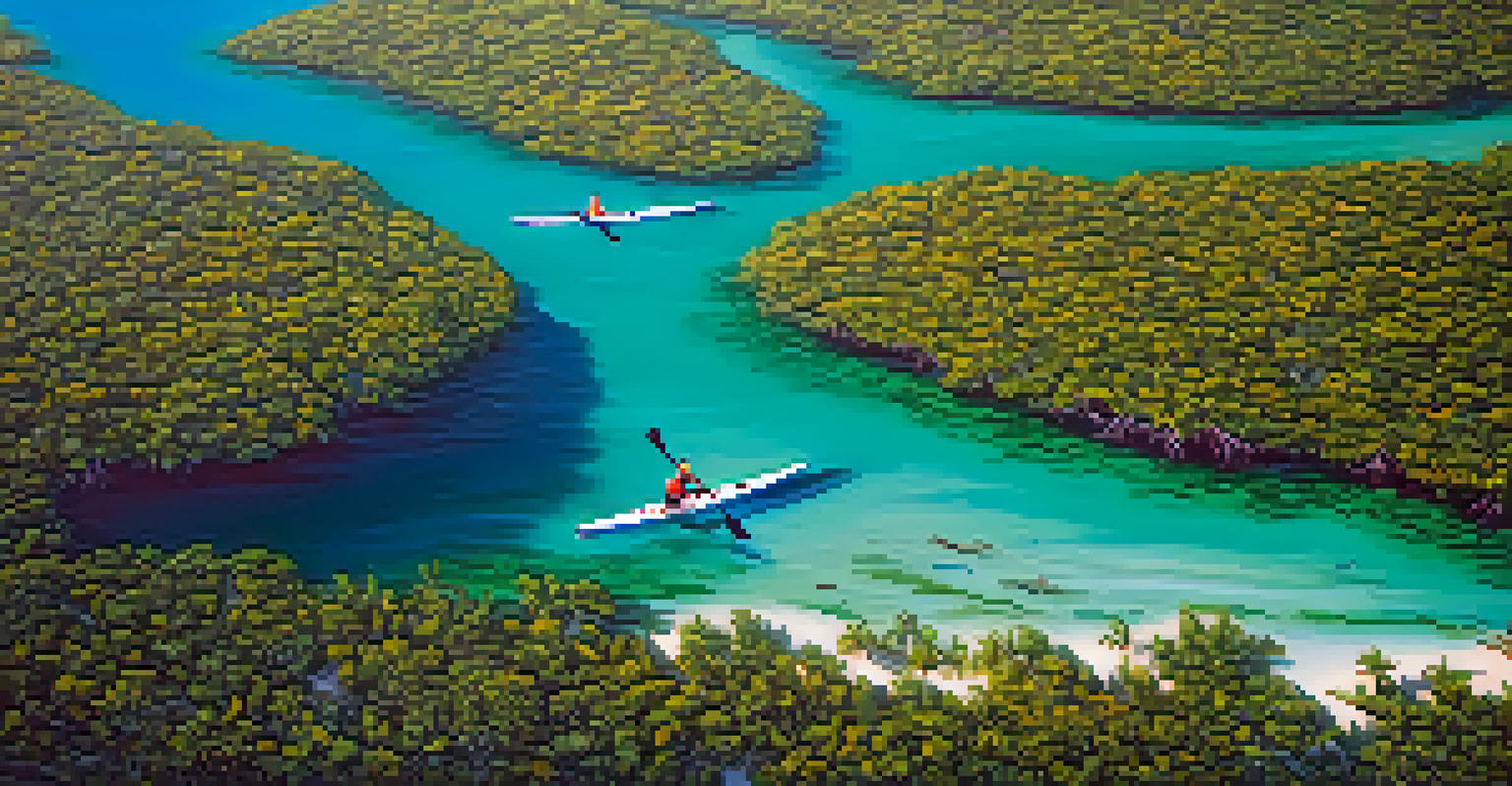 A kayaker paddling in the clear waters of the Florida Keys, with coral reefs and mangroves visible.