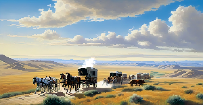 A scenic view of the Oregon Trail with covered wagons and pioneers traveling under a blue sky.