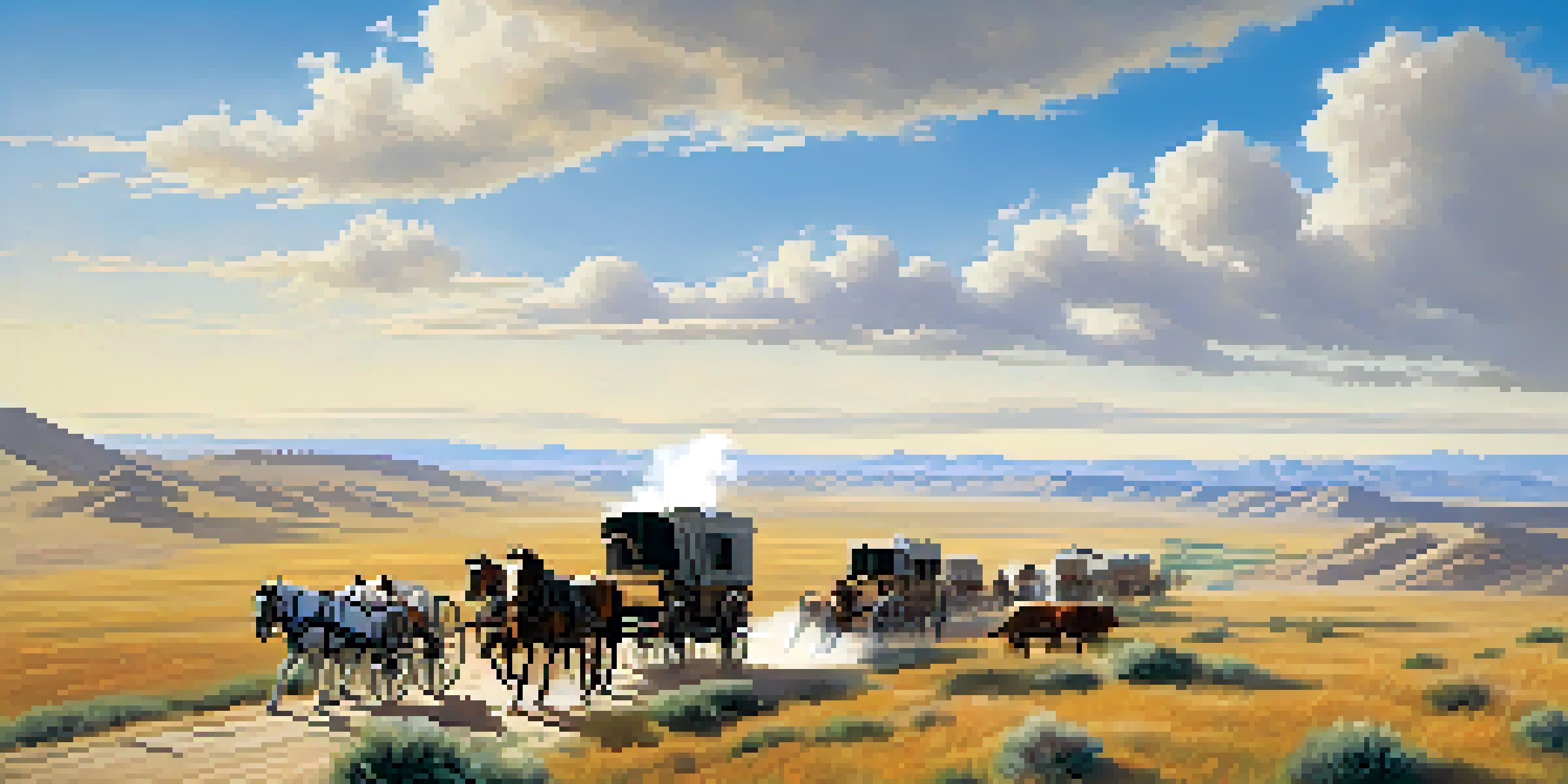 A scenic view of the Oregon Trail with covered wagons and pioneers traveling under a blue sky.