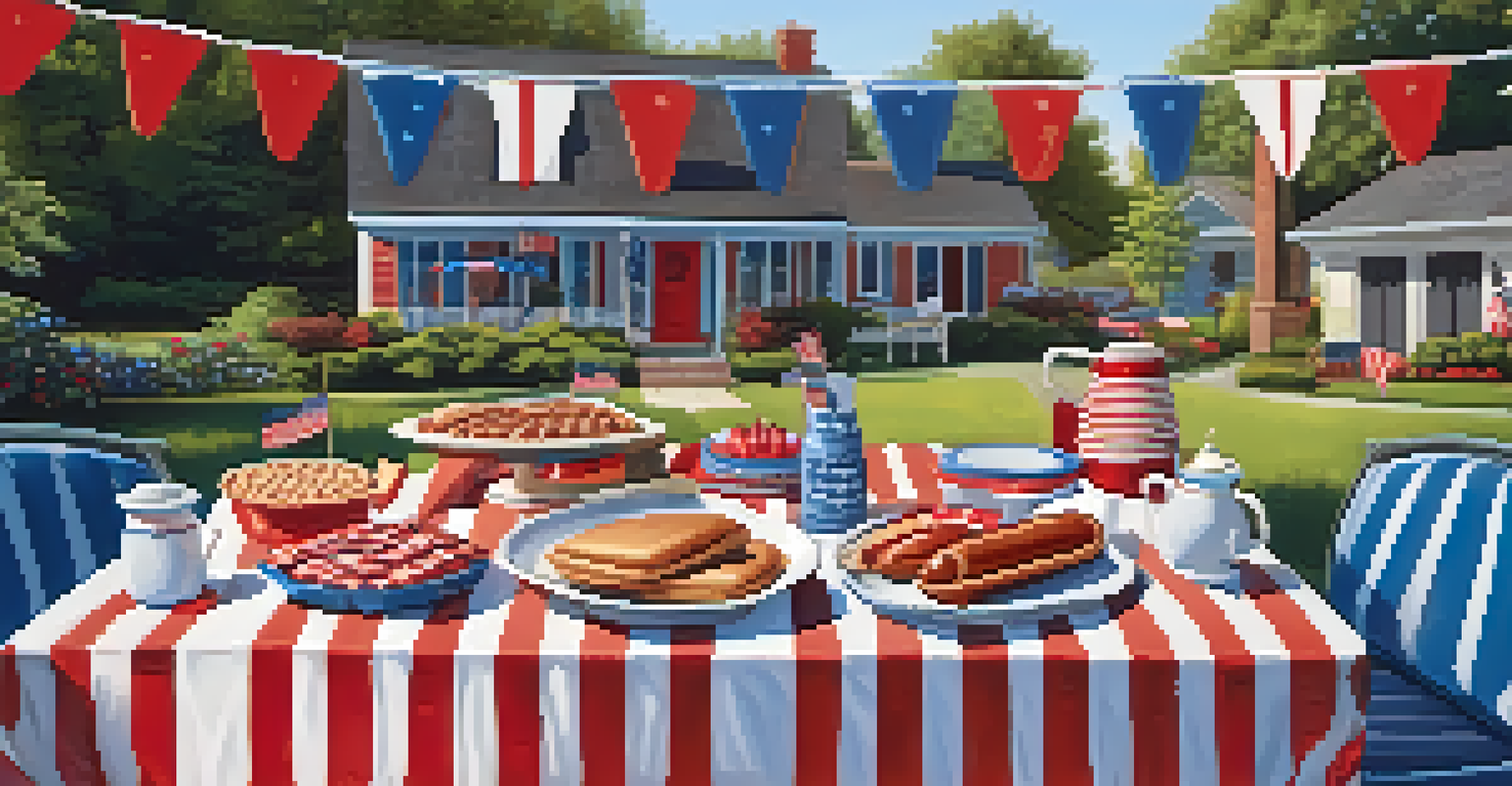 A backyard barbecue scene on July 4th, featuring a grill with burgers, a decorated table, and friends and family enjoying the celebration.