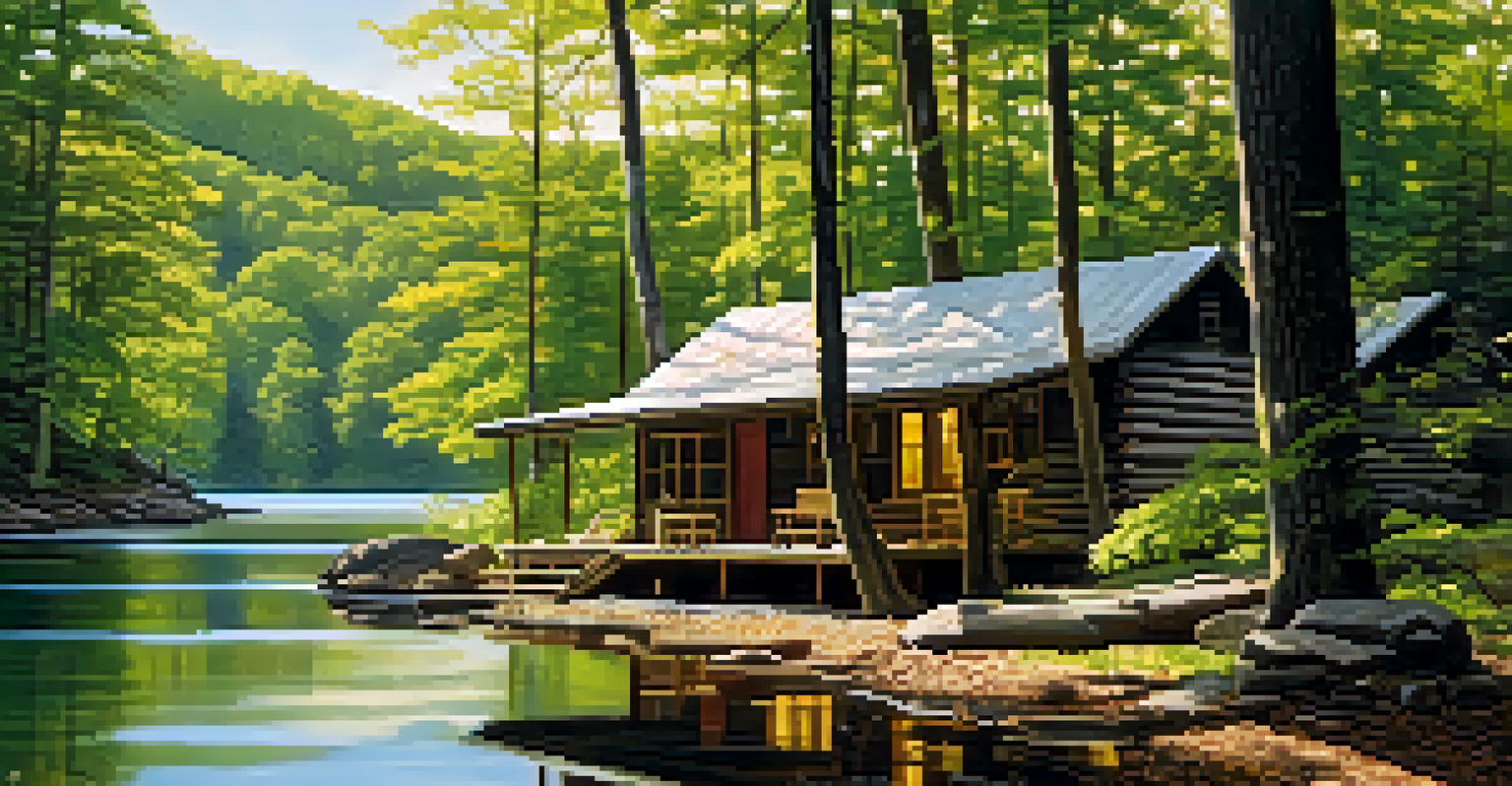 A serene landscape of Camp David with rustic cabins, trees, and a tranquil lake in the Catoctin Mountains.