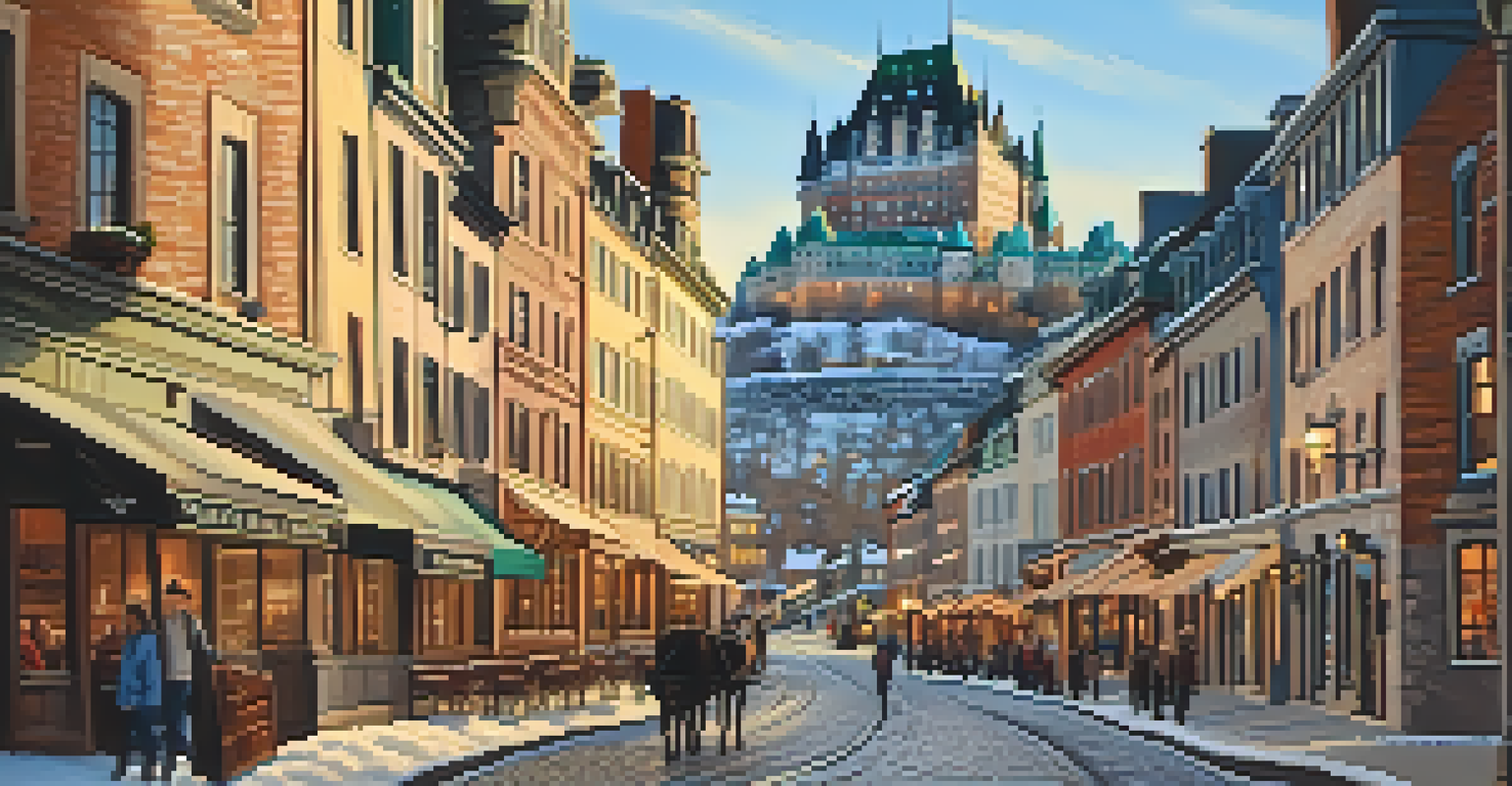 A charming view of Old Quebec City featuring cobblestone streets and the Château Frontenac in soft morning light.