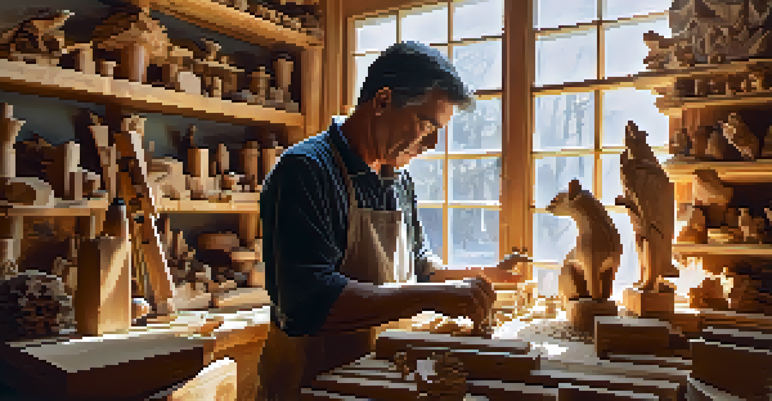 A woodcarver in a workshop, carving a figurine from wood with tools around him and sunlight streaming through a window.