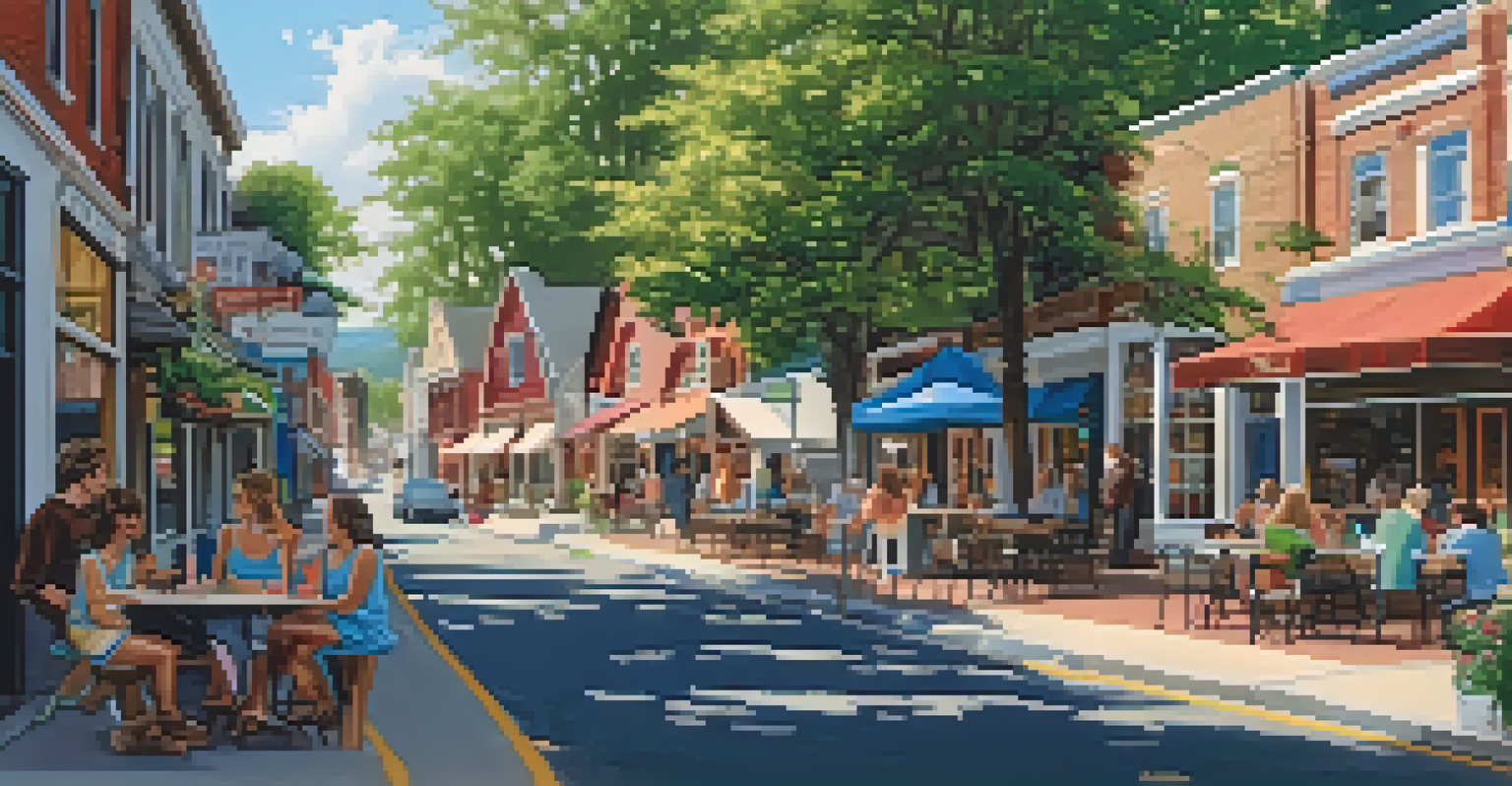 A picturesque small town along a scenic byway with colorful buildings and outdoor cafes.