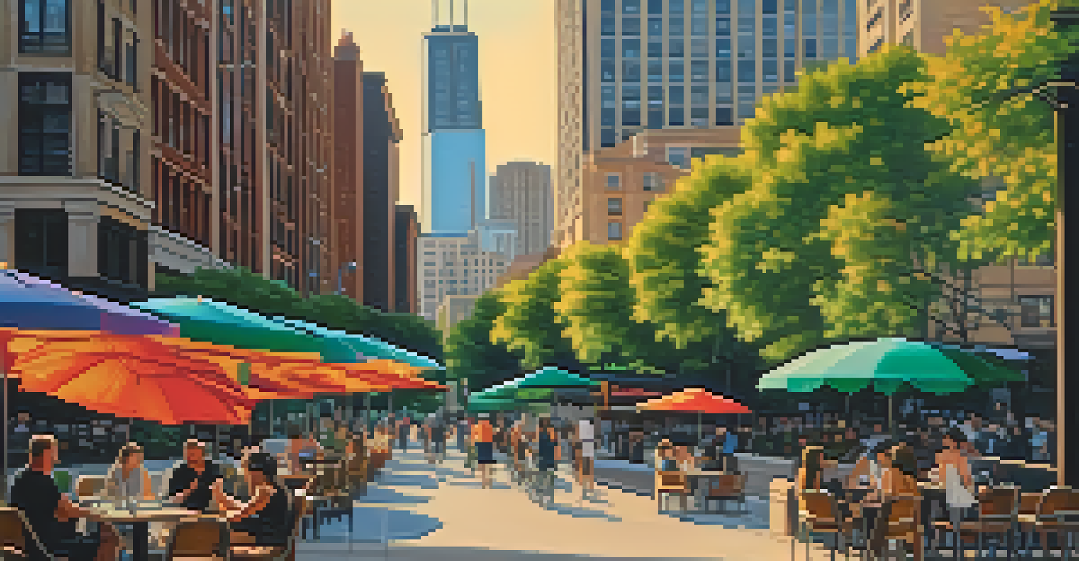 The Chicago Riverwalk with people walking and biking, surrounded by greenery and art installations, illuminated by a sunset.