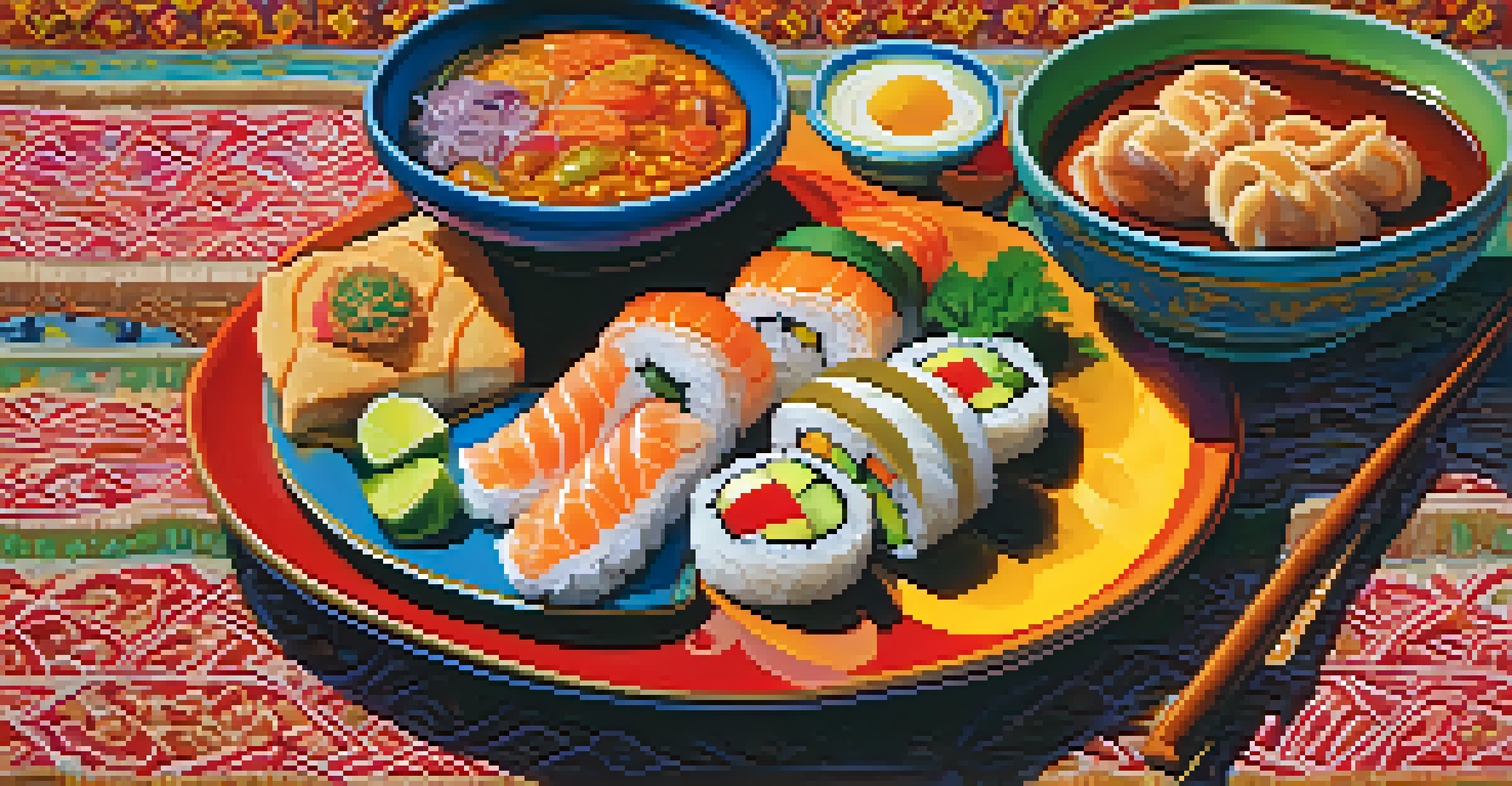 A beautifully arranged plate featuring sushi, curry, and pastries, showcasing the diversity of global cuisines.