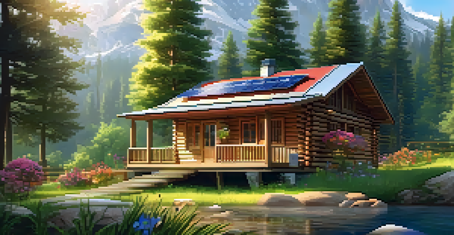 A cozy wooden cabin with solar panels, surrounded by trees and a colorful flower garden.