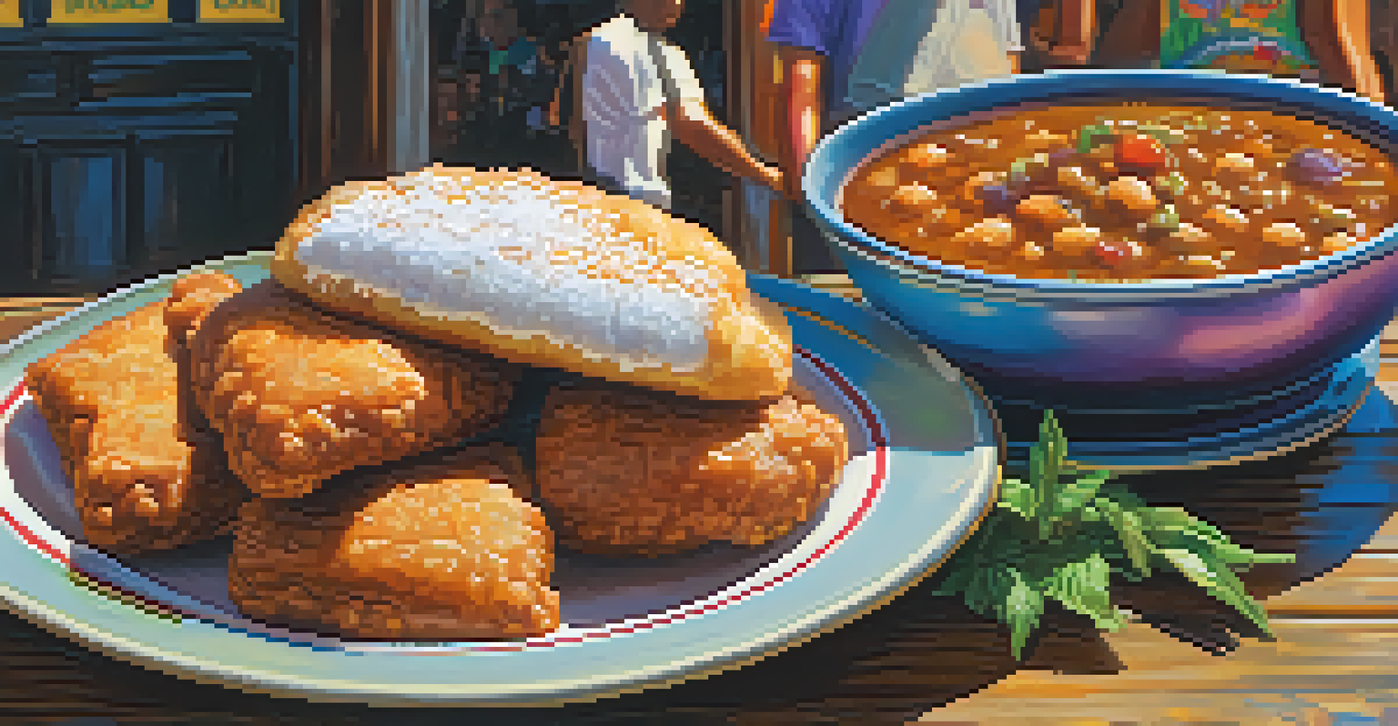 A close-up of traditional New Orleans dishes including gumbo, jambalaya, and a powdered sugar beignet on a rustic table.