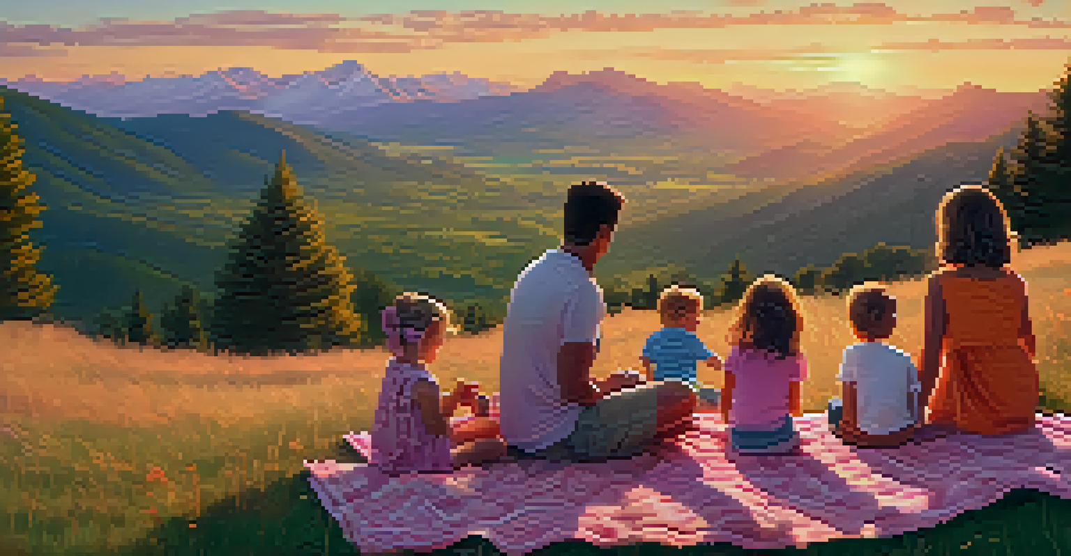 A family having a picnic at a scenic overlook during sunset with mountains in the background.