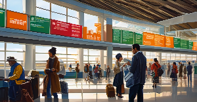 A diverse group of travelers at an airport, checking travel documents and itineraries in a bright and bustling environment.