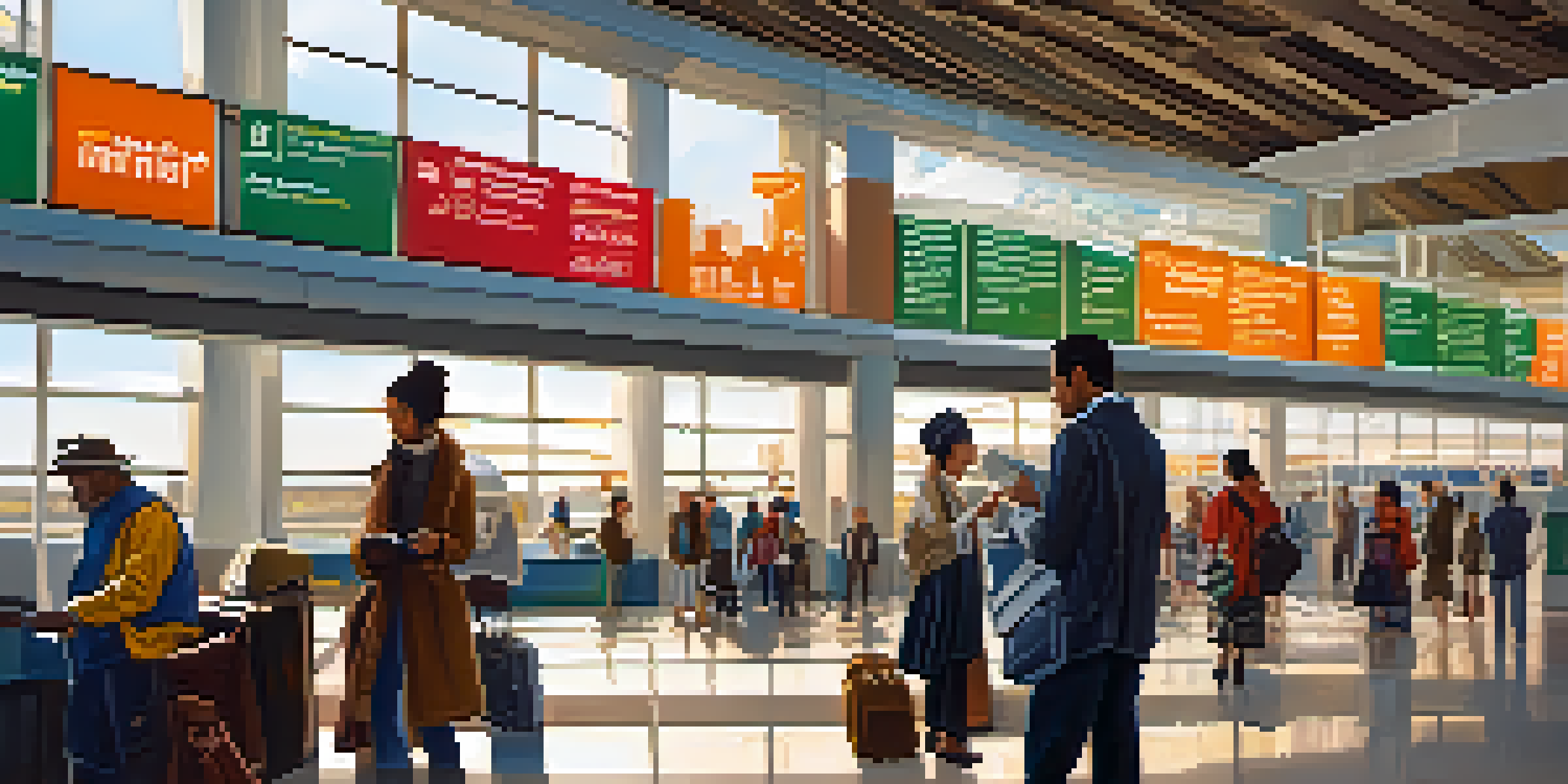 A diverse group of travelers at an airport, checking travel documents and itineraries in a bright and bustling environment.