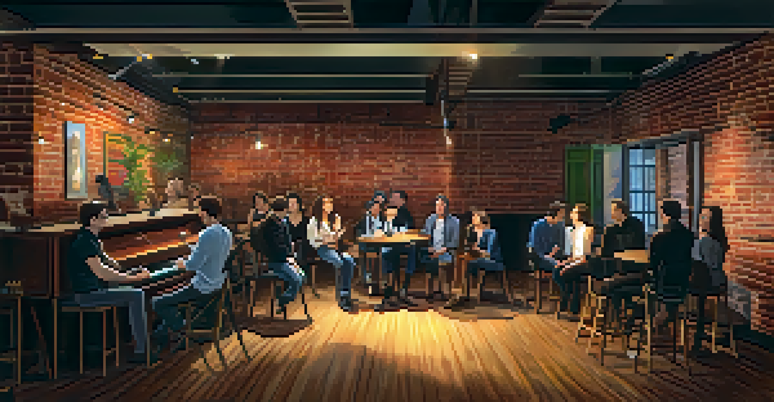 A small, artistically designed music venue with exposed brick walls and a cozy atmosphere, where friends gather before a performance.