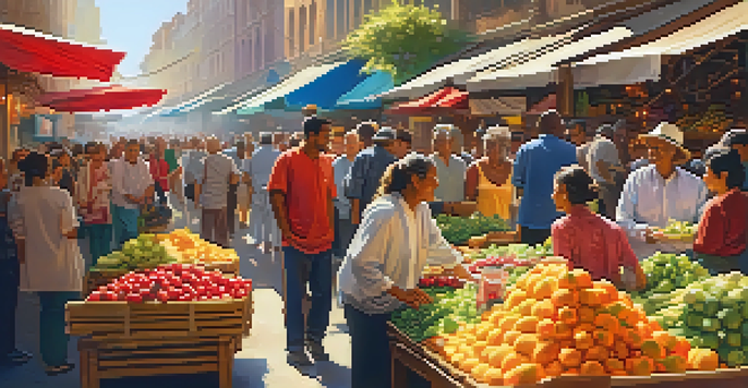A crowded market with people interacting, colorful stalls featuring fruits and flowers, and performers. The scene is illuminated by warm sunlight.