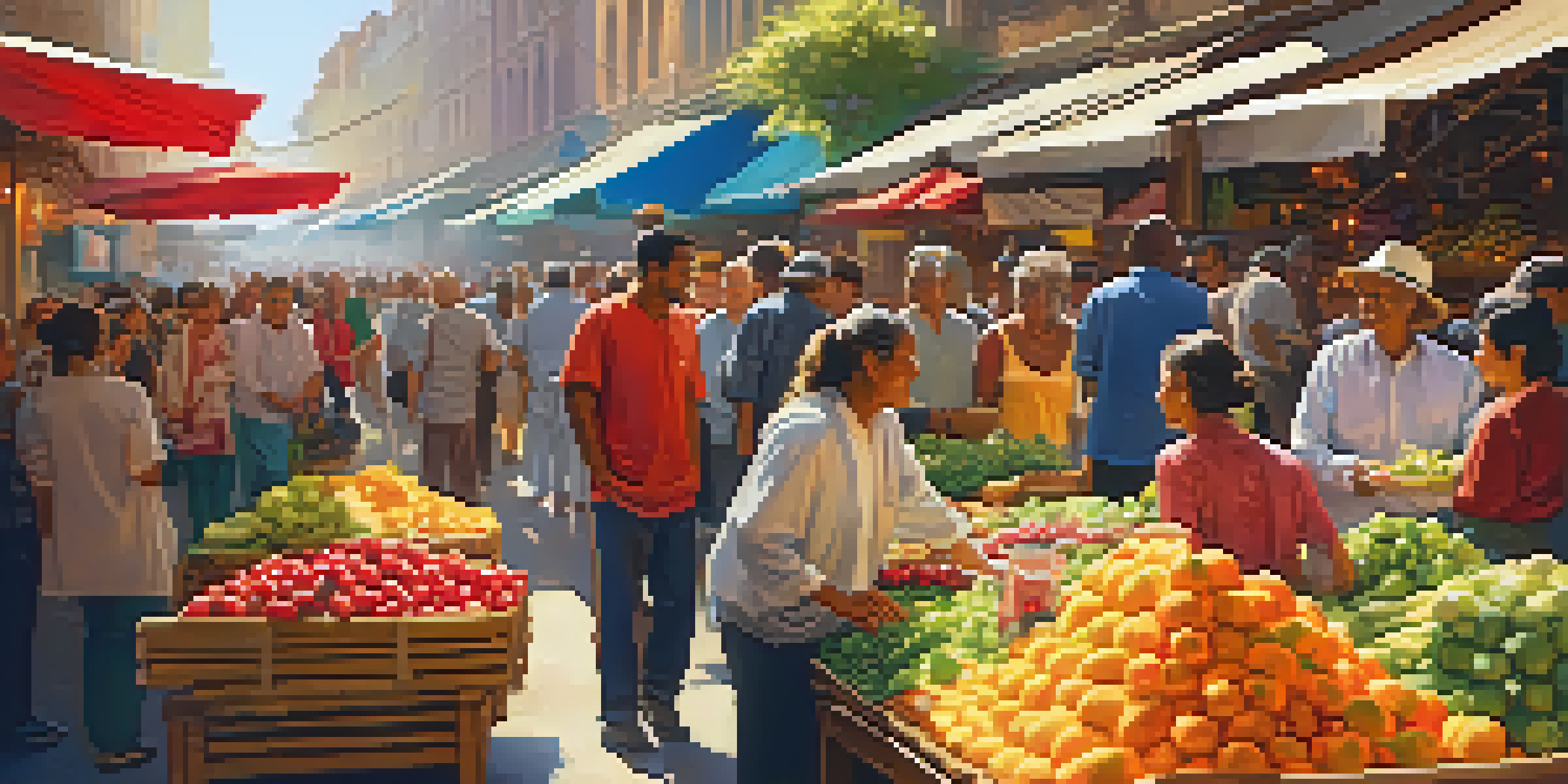 A crowded market with people interacting, colorful stalls featuring fruits and flowers, and performers. The scene is illuminated by warm sunlight.