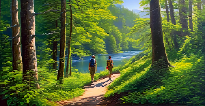 A picturesque forest landscape with hikers on a trail, sunlight filtering through the trees and a river in the background.