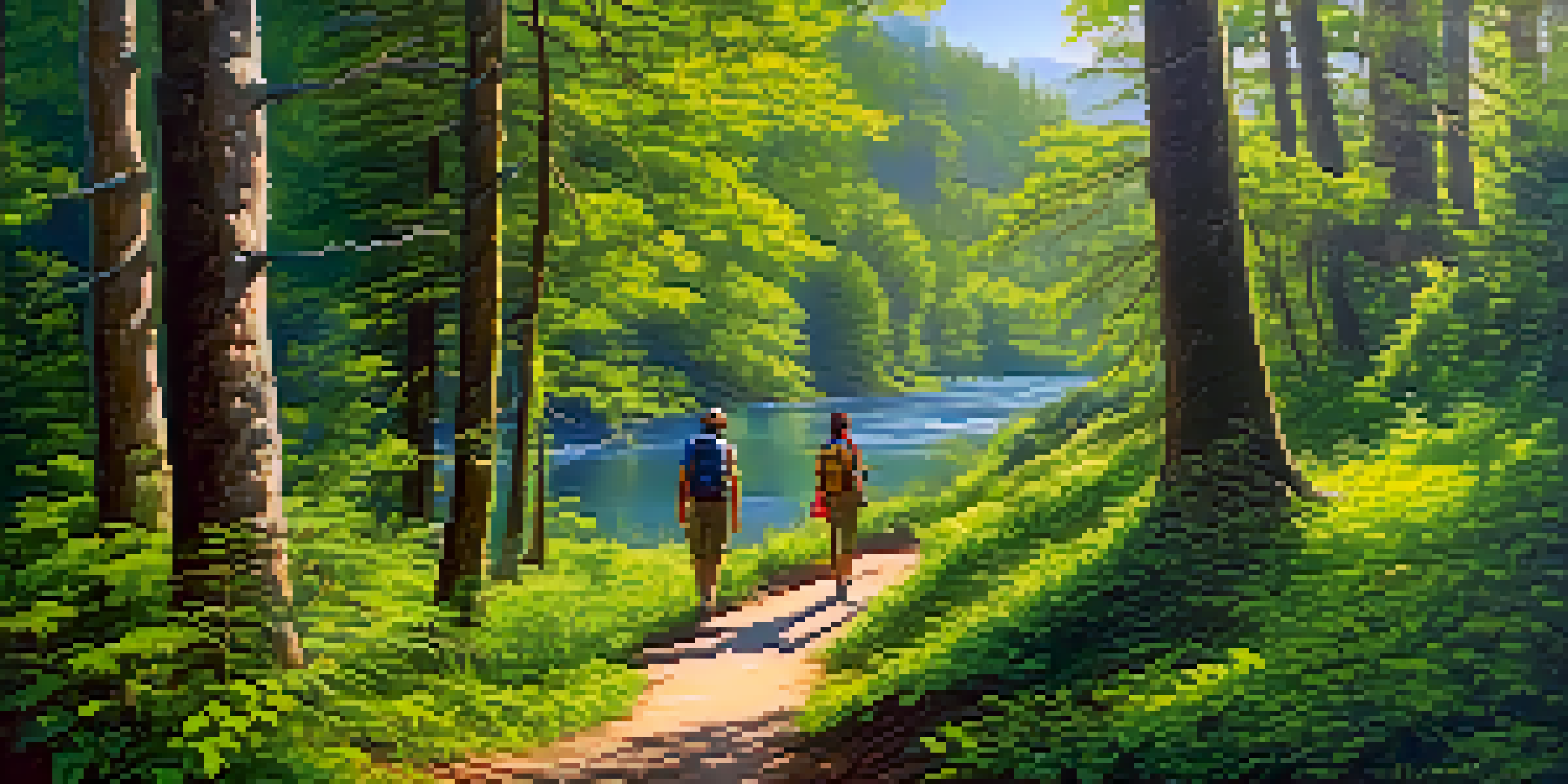A picturesque forest landscape with hikers on a trail, sunlight filtering through the trees and a river in the background.