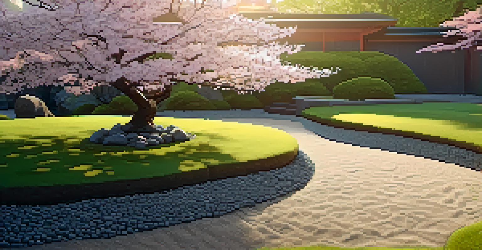A tranquil Japanese Zen garden with raked gravel, stones, and cherry blossom trees at sunset.