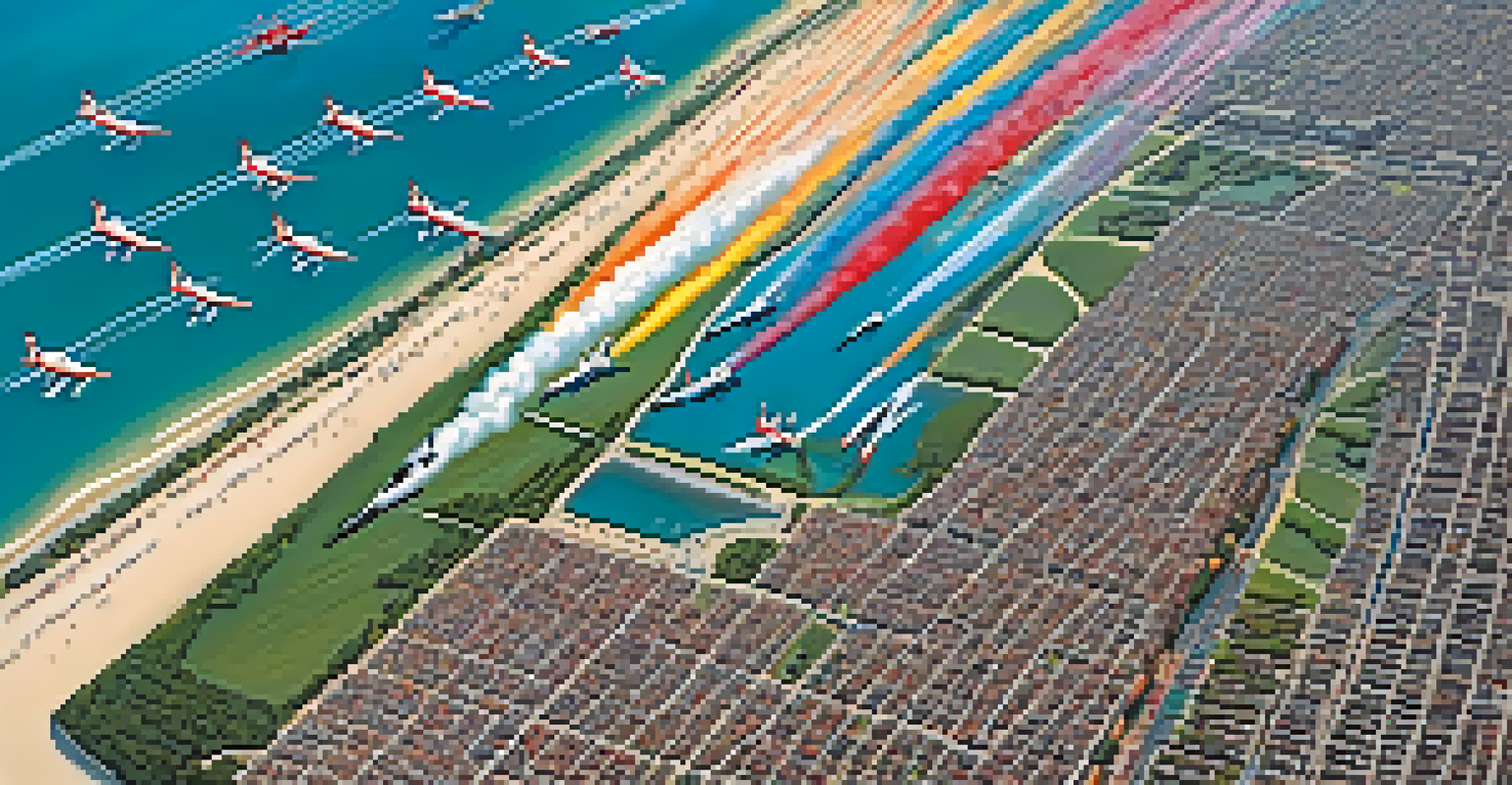 An aerial view of the Chicago Air and Water Show with fighter jets and a large crowd on the lakeshore.