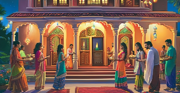 A colorful Diwali celebration with rangoli designs, oil lamps, and families enjoying the festival.