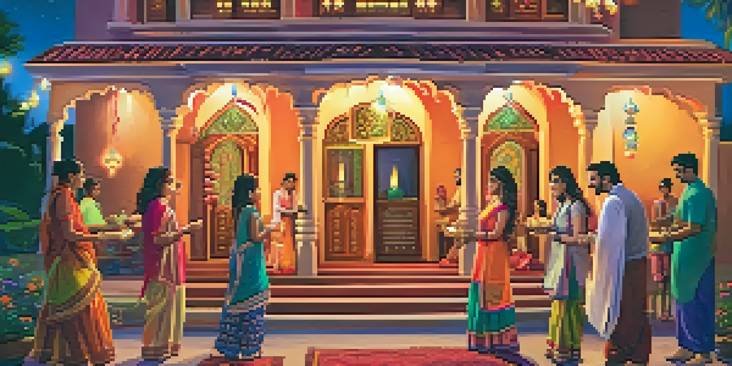 A colorful Diwali celebration with rangoli designs, oil lamps, and families enjoying the festival.