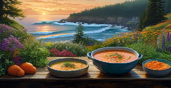 A coastal sunset scene with a rustic table set with salmon chowder, surrounded by greenery and ocean waves.