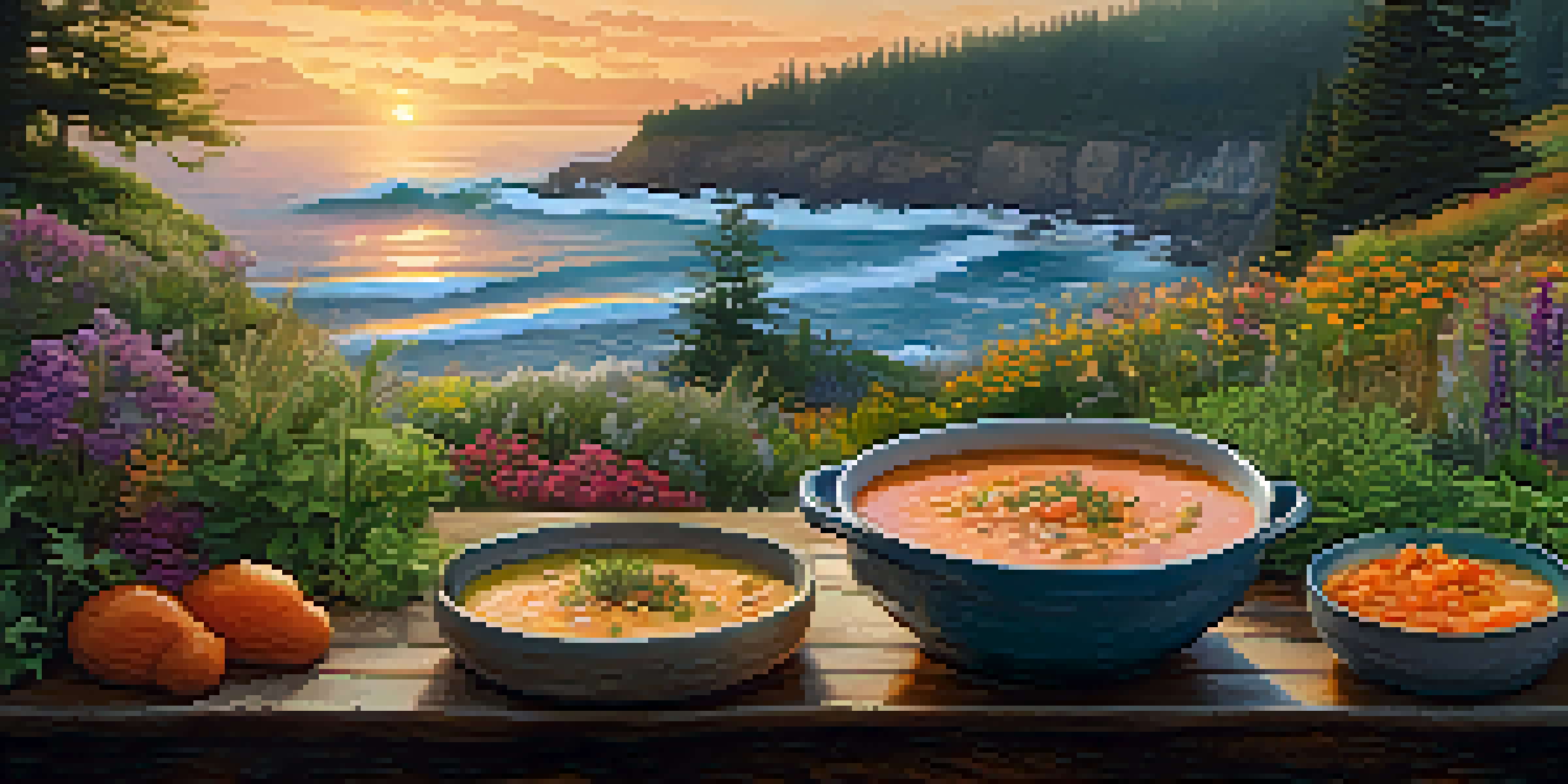 A coastal sunset scene with a rustic table set with salmon chowder, surrounded by greenery and ocean waves.