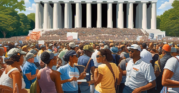 A diverse crowd of individuals at the Lincoln Memorial holding banners for civil rights, with sunlight creating a warm atmosphere.