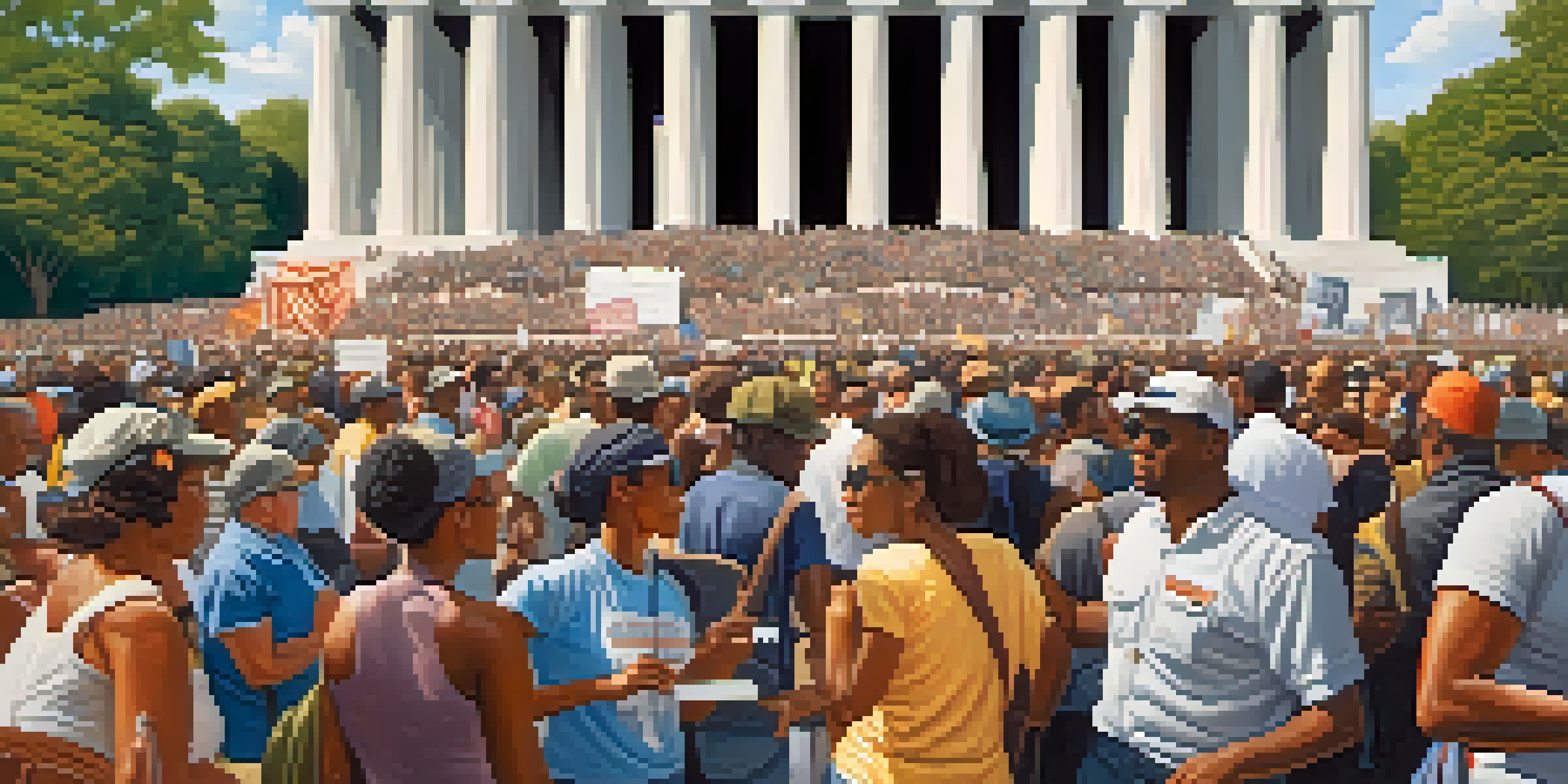 A diverse crowd of individuals at the Lincoln Memorial holding banners for civil rights, with sunlight creating a warm atmosphere.