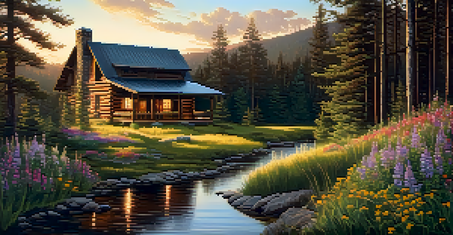 A cozy rustic cabin in the woods, surrounded by pine trees and wildflowers, illuminated by the warm glow of the sunset.