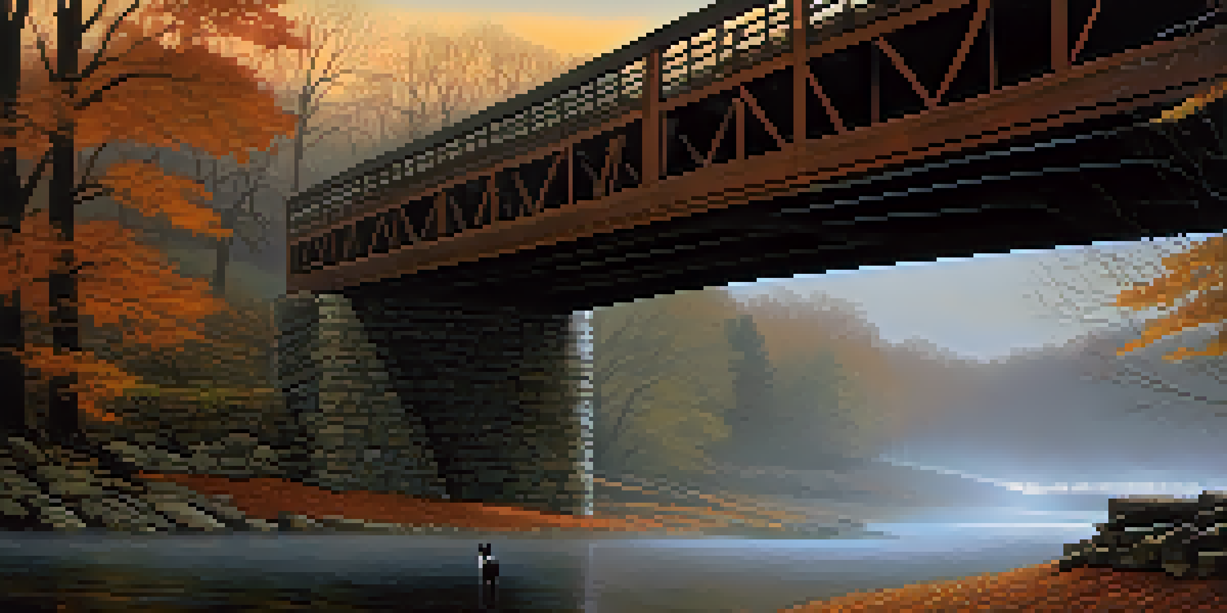 A misty, moonlit landscape of Sleepy Hollow with a covered bridge surrounded by autumn leaves and a silhouette of a horseman in the distance.