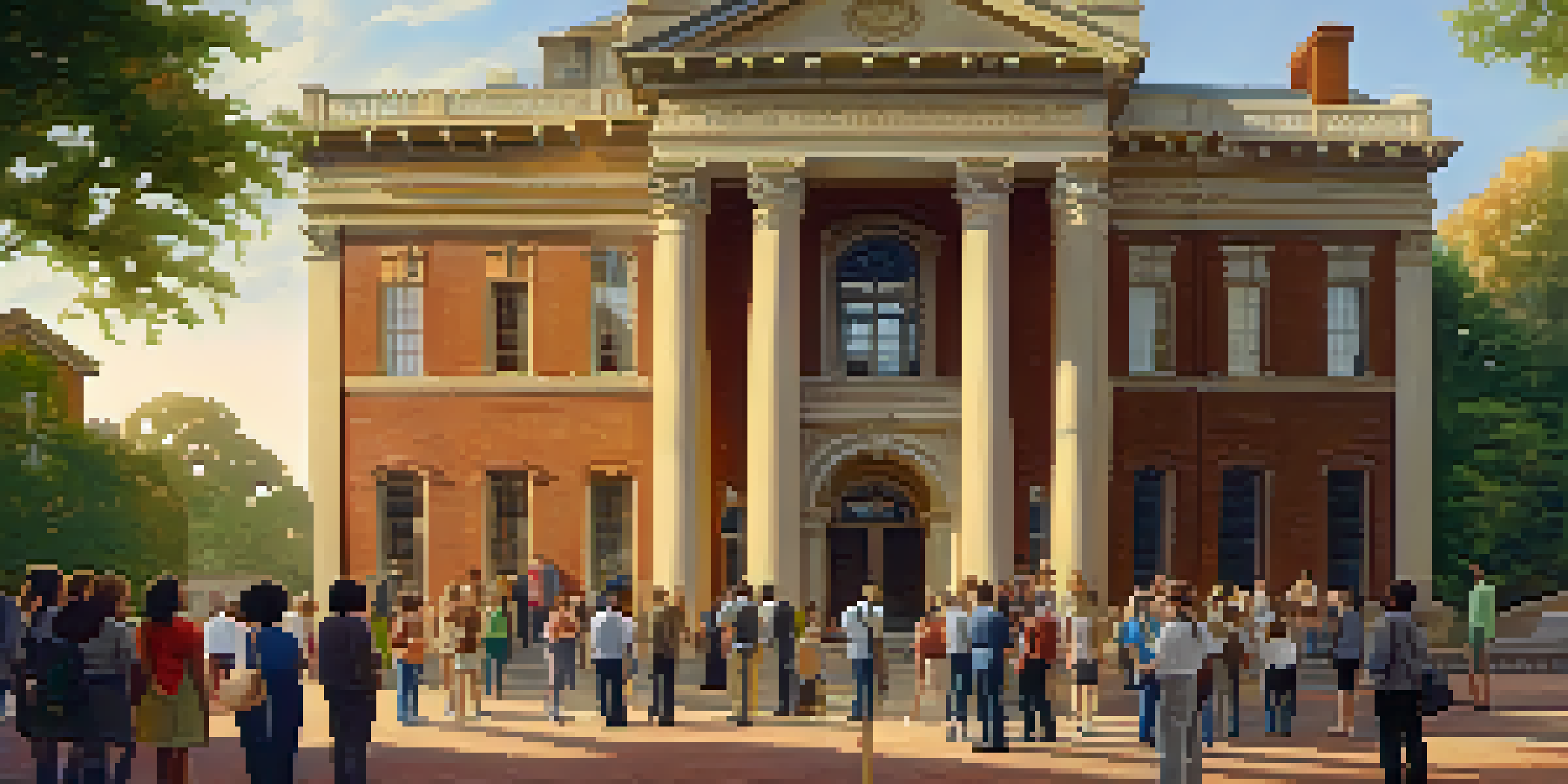 A diverse group of tourists listening to a tour guide in front of a historic building during sunset.