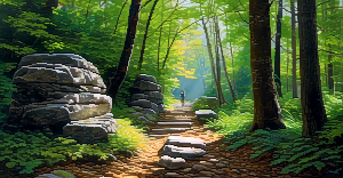 A cultural heritage trail through an ancient forest with sunlight filtering through leaves and a traveler reading a sign.