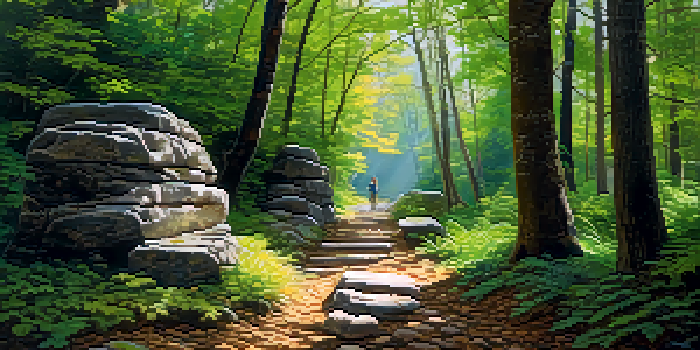 A cultural heritage trail through an ancient forest with sunlight filtering through leaves and a traveler reading a sign.