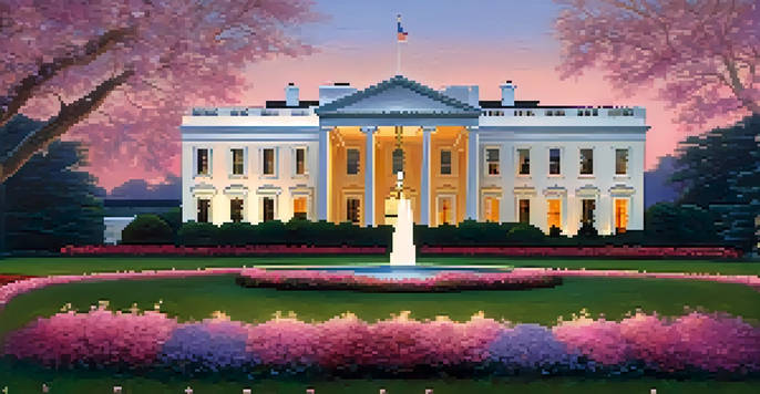 A beautiful view of the White House illuminated at dusk, surrounded by colorful flowers and a pink-purple sky.