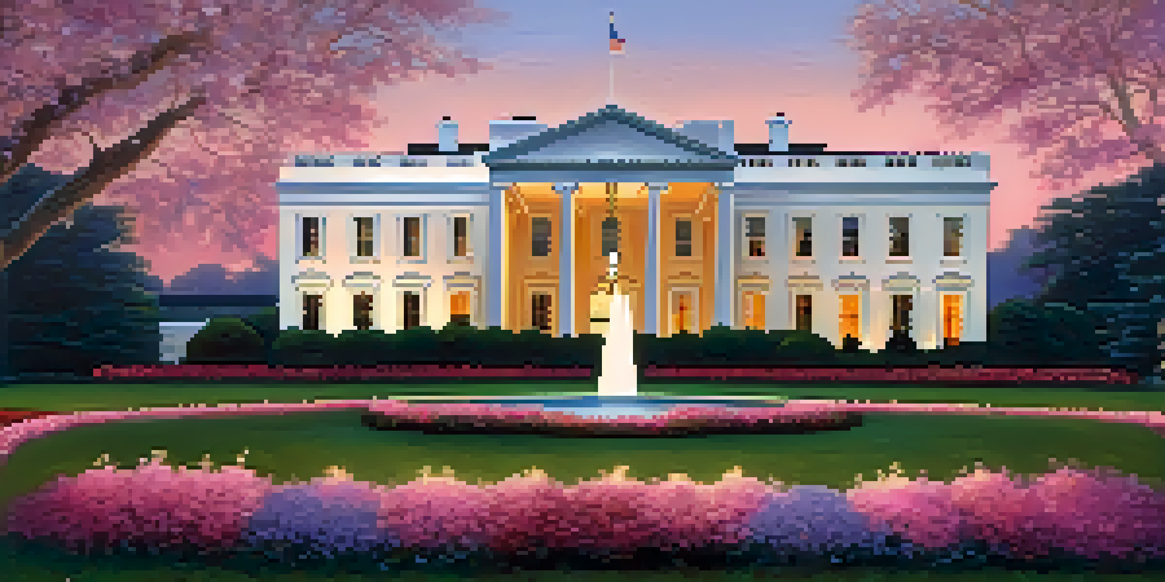 A beautiful view of the White House illuminated at dusk, surrounded by colorful flowers and a pink-purple sky.