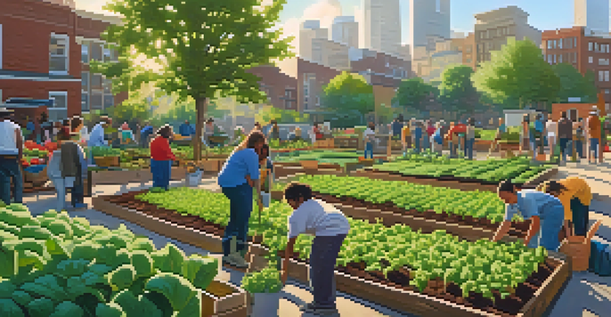 A diverse group of people planting vegetables in a community garden surrounded by city buildings, with sunlight filtering through the leaves.
