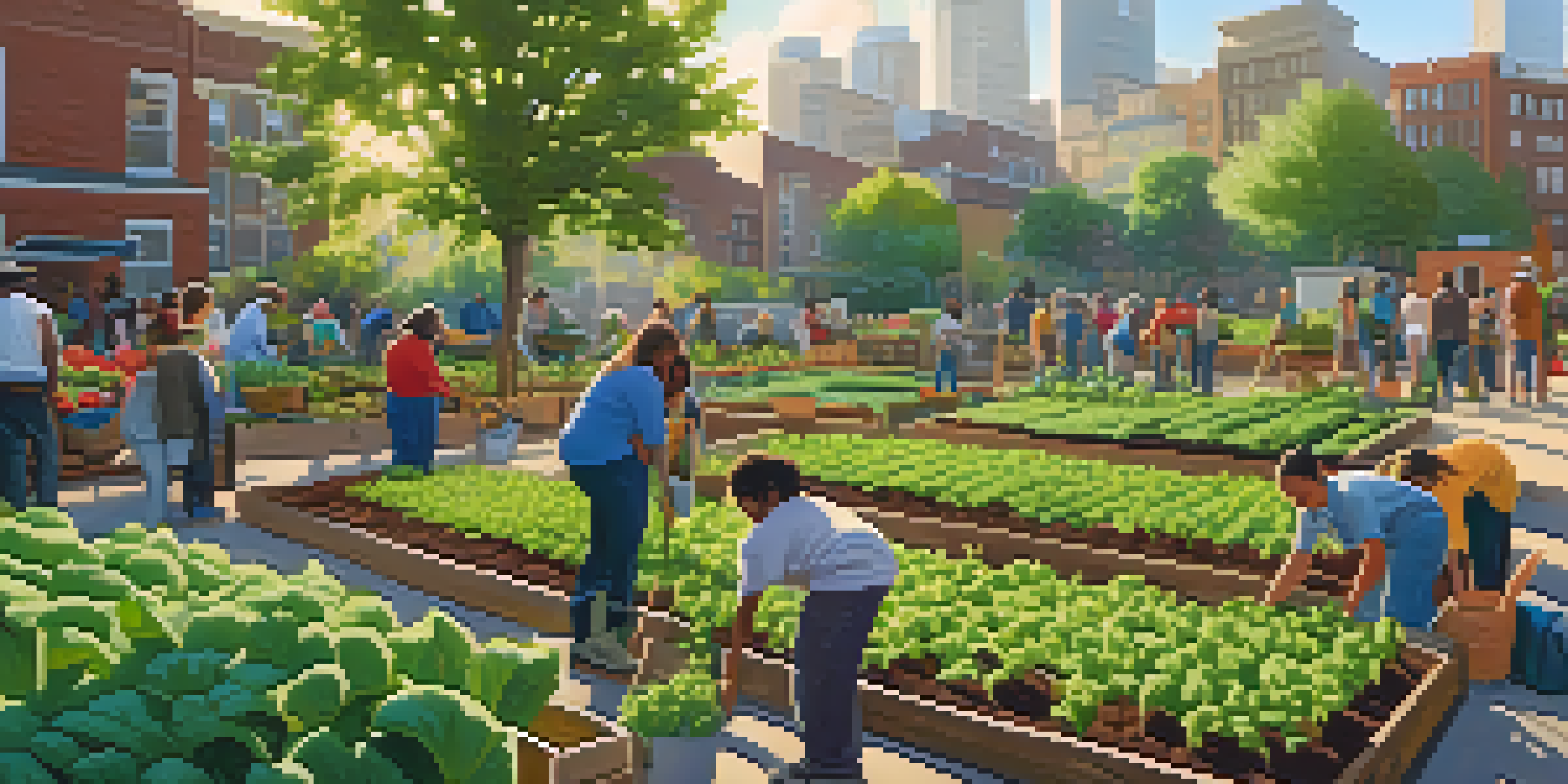 A diverse group of people planting vegetables in a community garden surrounded by city buildings, with sunlight filtering through the leaves.