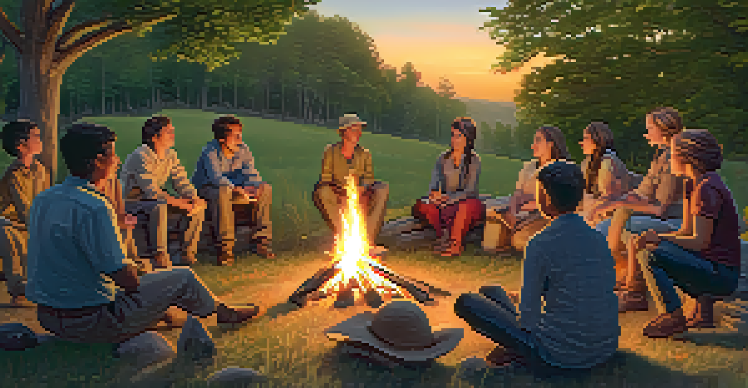 A group of people gathered around a fire in a rural setting, listening to a storyteller, with a beautiful sunset in the background.
