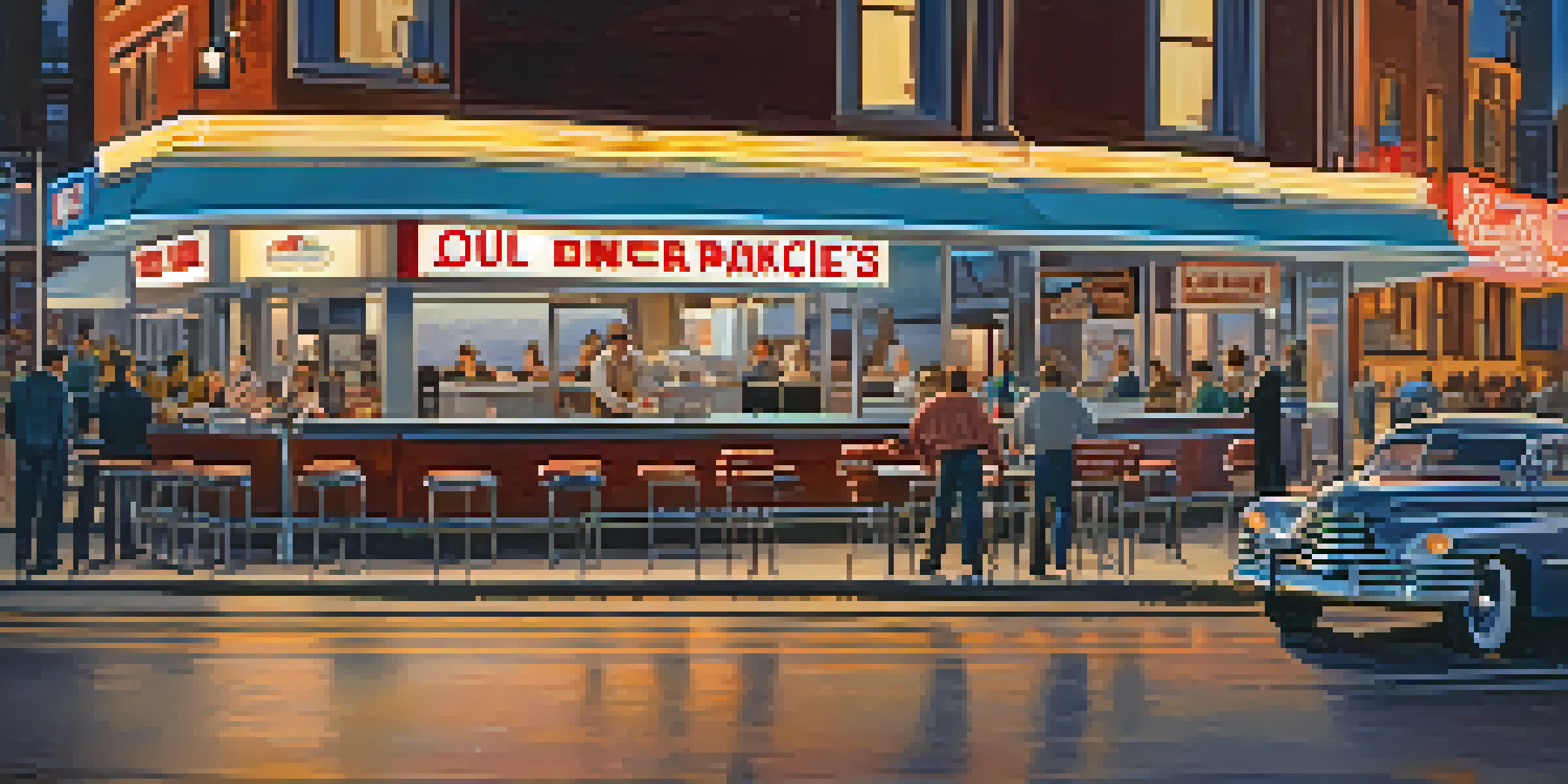 A lively diner scene at Lou Mitchell's in Chicago, showcasing people enjoying breakfast with retro decor and warm sunlight.