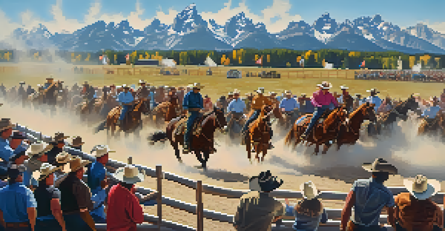 A thrilling rodeo in Jackson Hole, Wyoming, with cowboys riding bucking broncos against a scenic mountain backdrop.