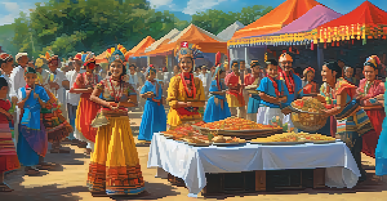 A family enjoying a local festival, dressed in traditional attire, surrounded by colorful decorations and dancers, under a sunny sky.