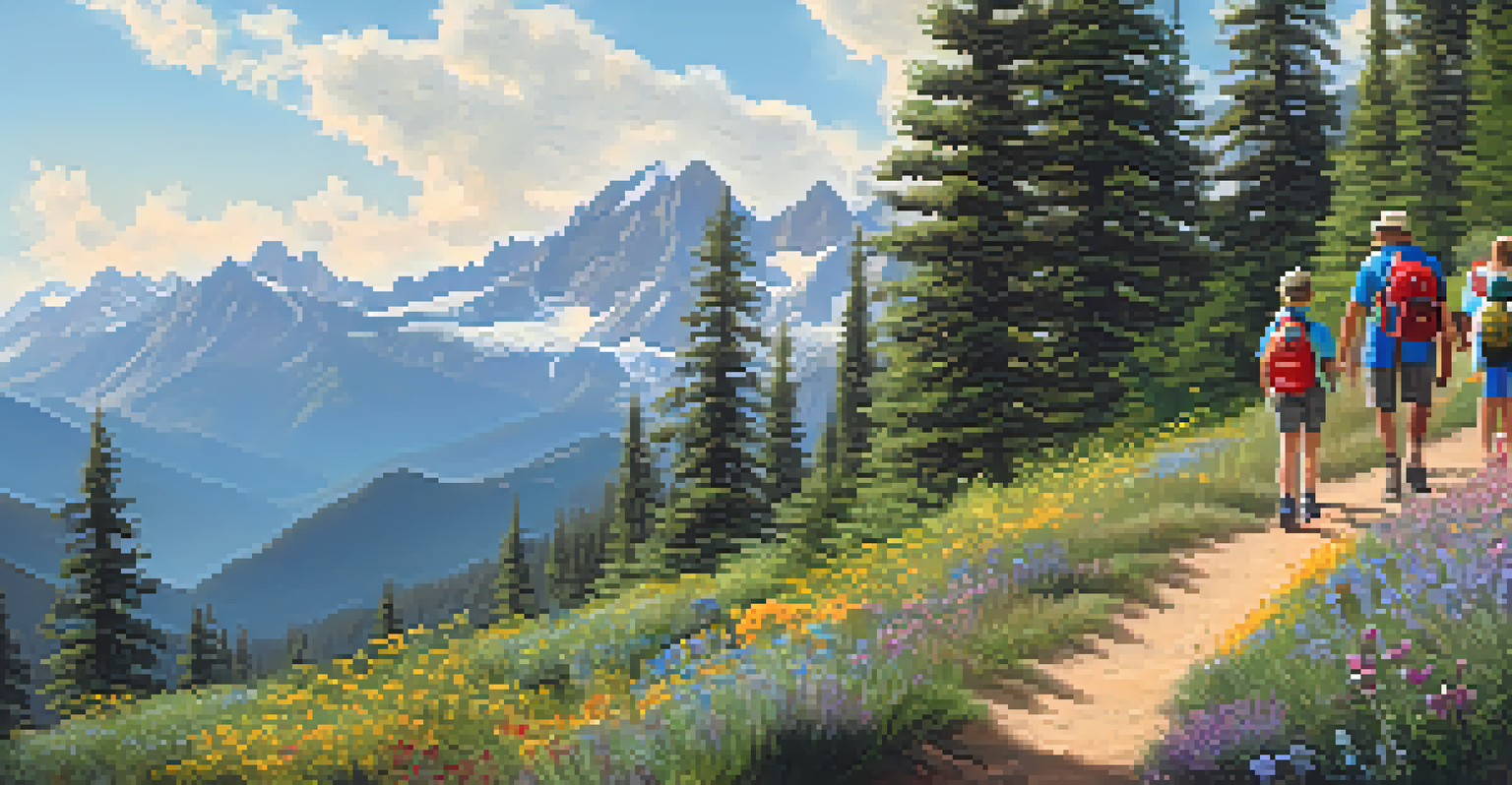 A family hiking on a mountain trail, showcasing the beauty of nature and togetherness.