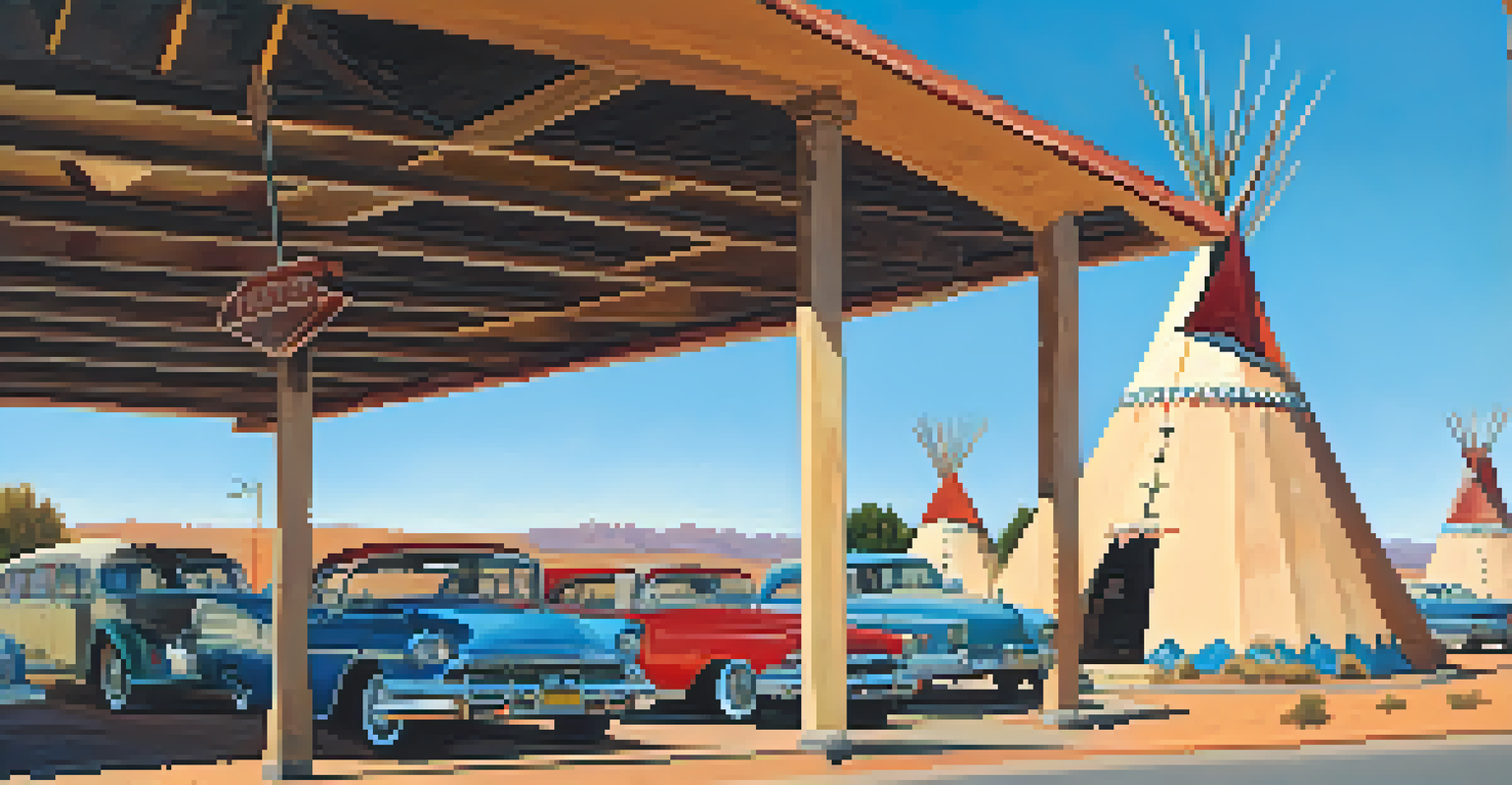 The Wigwam Motel on Route 66 with teepee-shaped rooms and classic cars.