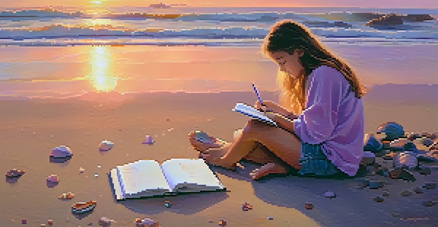 A young girl writing in a travel journal on the beach during sunset, with a colorful sky and gentle waves in the background.