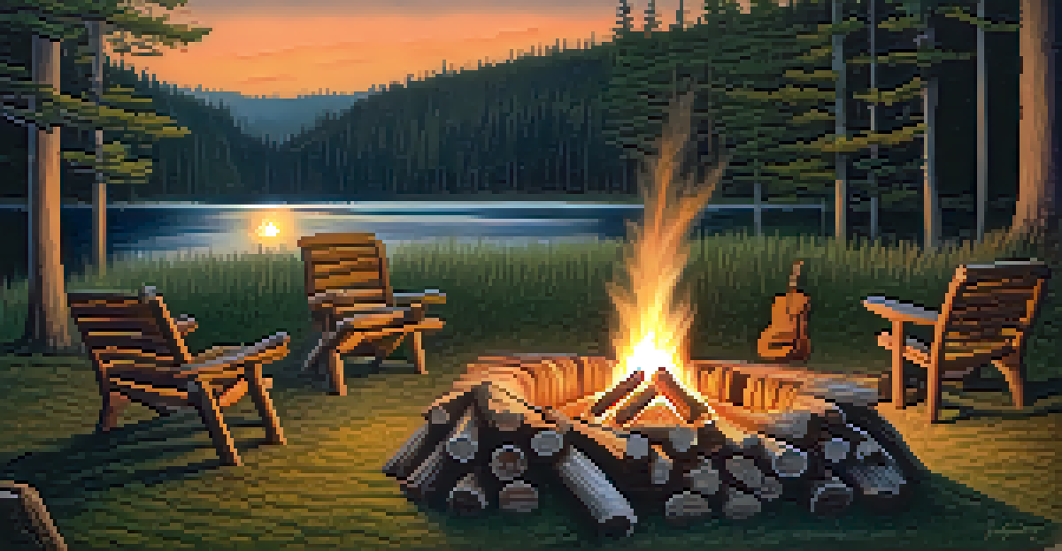 A cozy campfire in the woods at dusk, surrounded by logs and a starry sky.