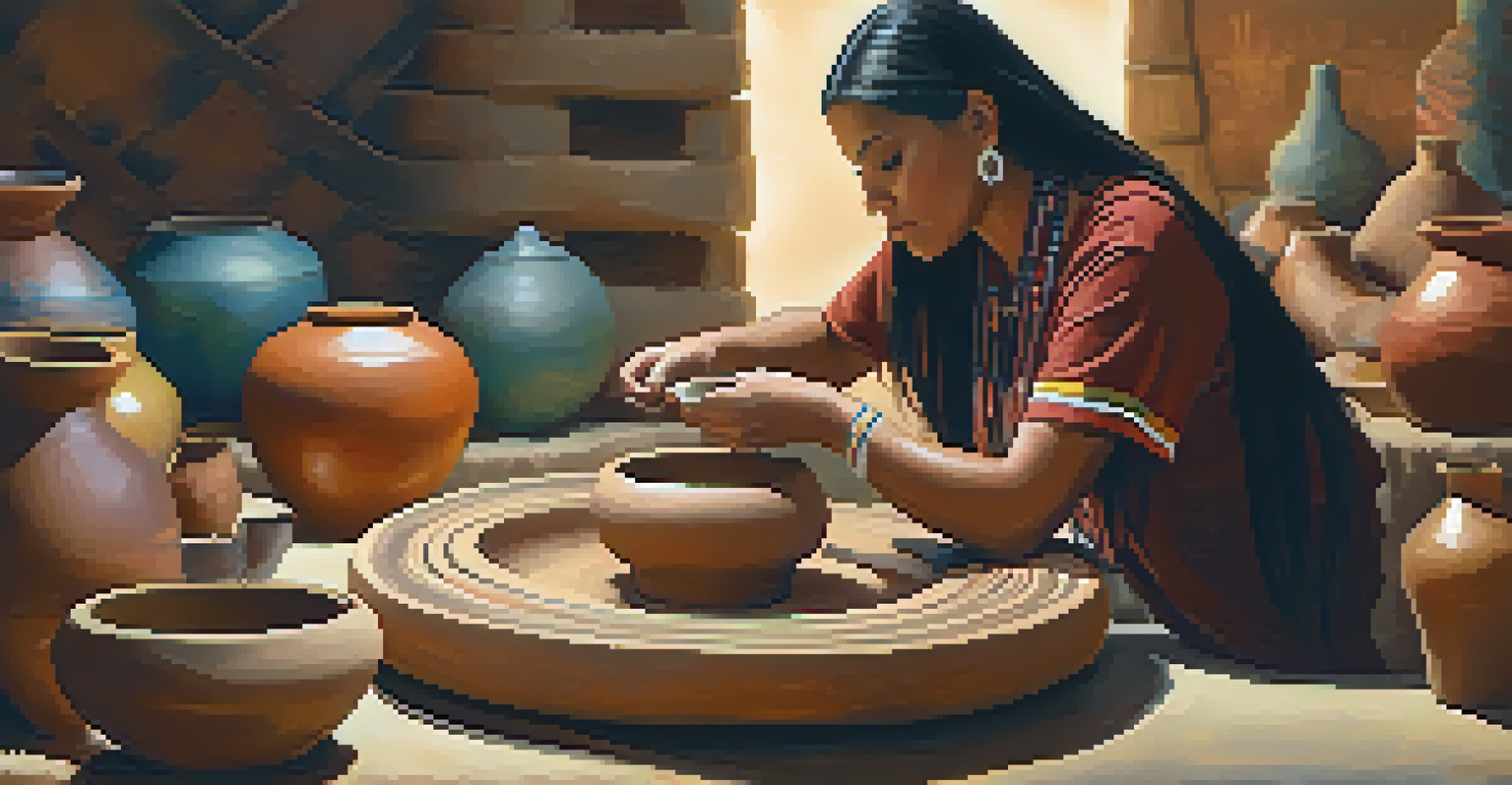 A Native American woman demonstrating pottery making, surrounded by vibrant pottery pieces in a warm, softly lit setting.