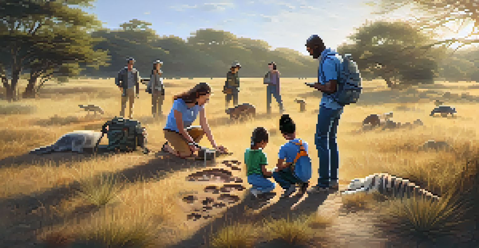 A family learning about wildlife tracking by examining footprints in a safari setting.