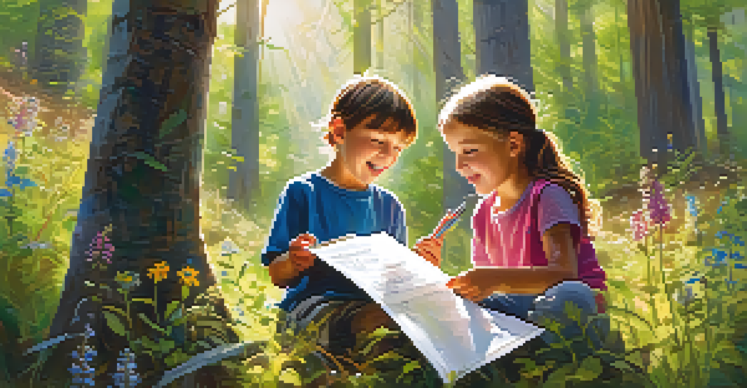 Children participating in a nature scavenger hunt in a colorful forest with wildflowers and sunlight filtering through the trees.