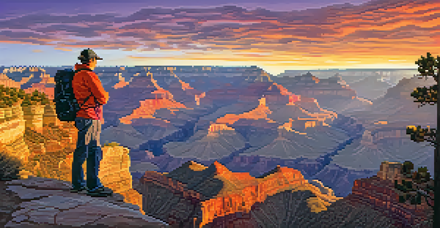 A hiker silhouetted at the Grand Canyon's edge during sunset, with vibrant orange and purple hues illuminating the rocky layers.